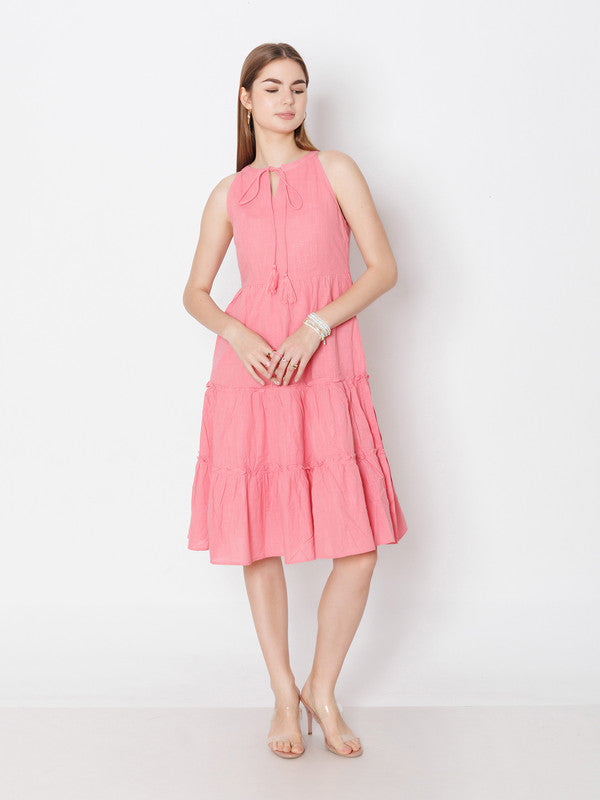 Pink Solid Regular Fit Midi Dress-5