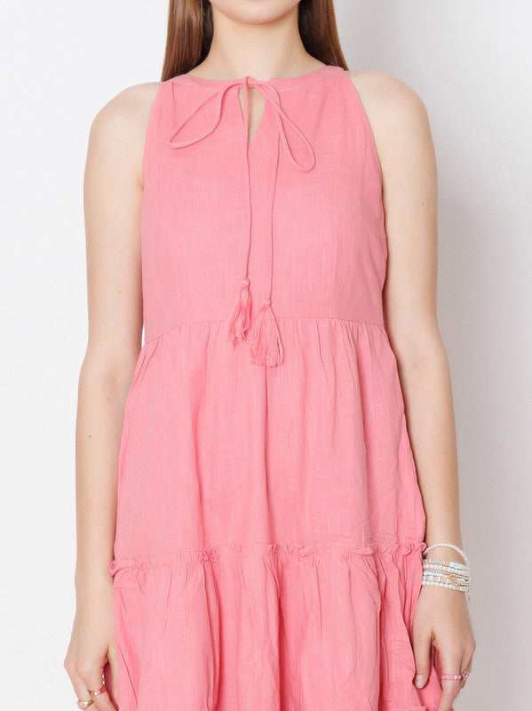 Pink Solid Regular Fit Midi Dress-6