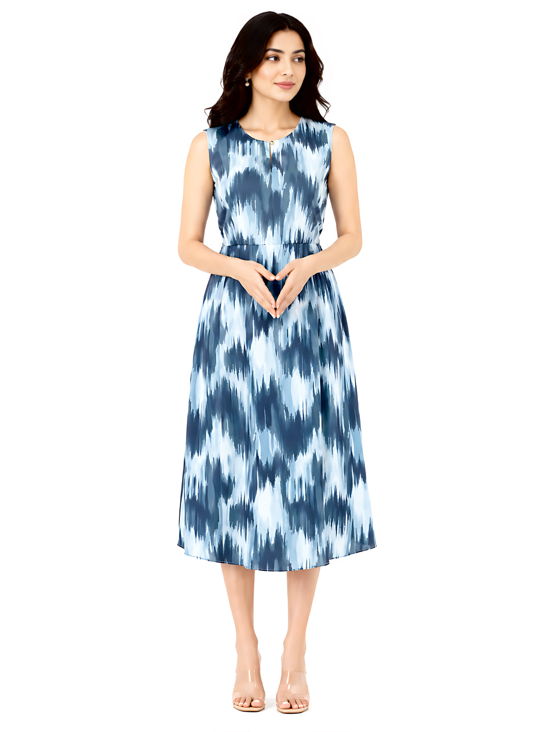 Blue Printed Flared Midi Dress