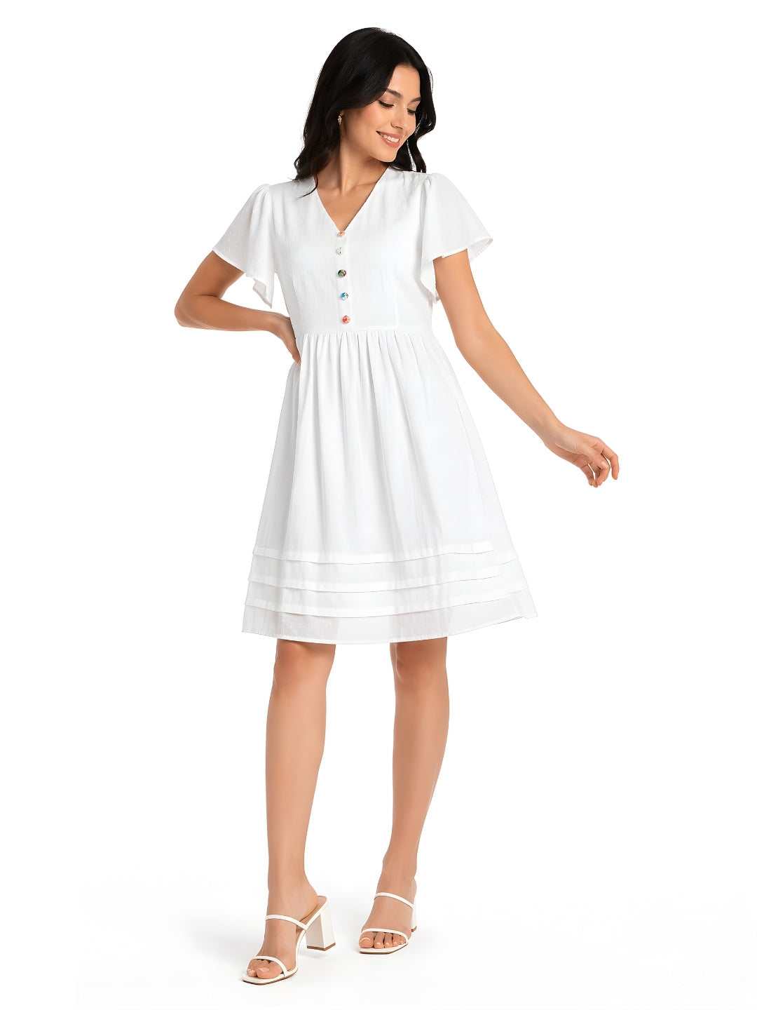 White Self Design Regular Short Dress