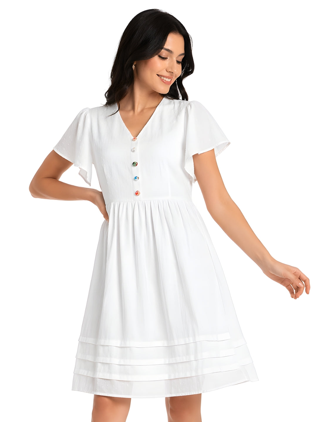 White Self Design Regular Short Dress