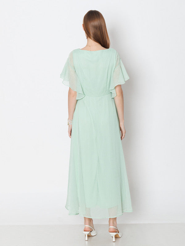 Green Solid A-Line Maxi Dress-4