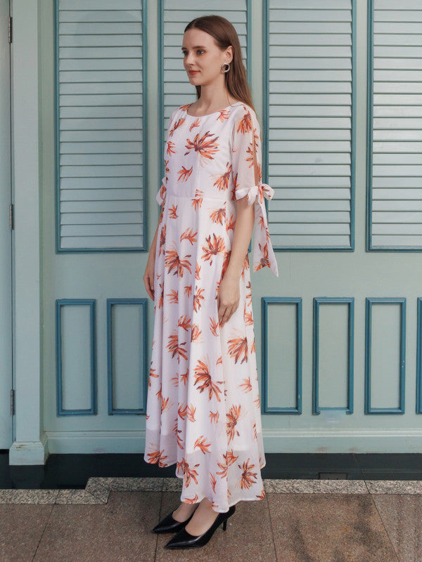 White Printed A Line Maxi Dress-3