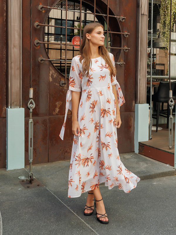 White Printed A Line Maxi Dress-5