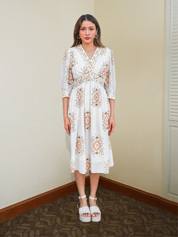 White-Floral-Printed-Flared-Midi-Dress-2