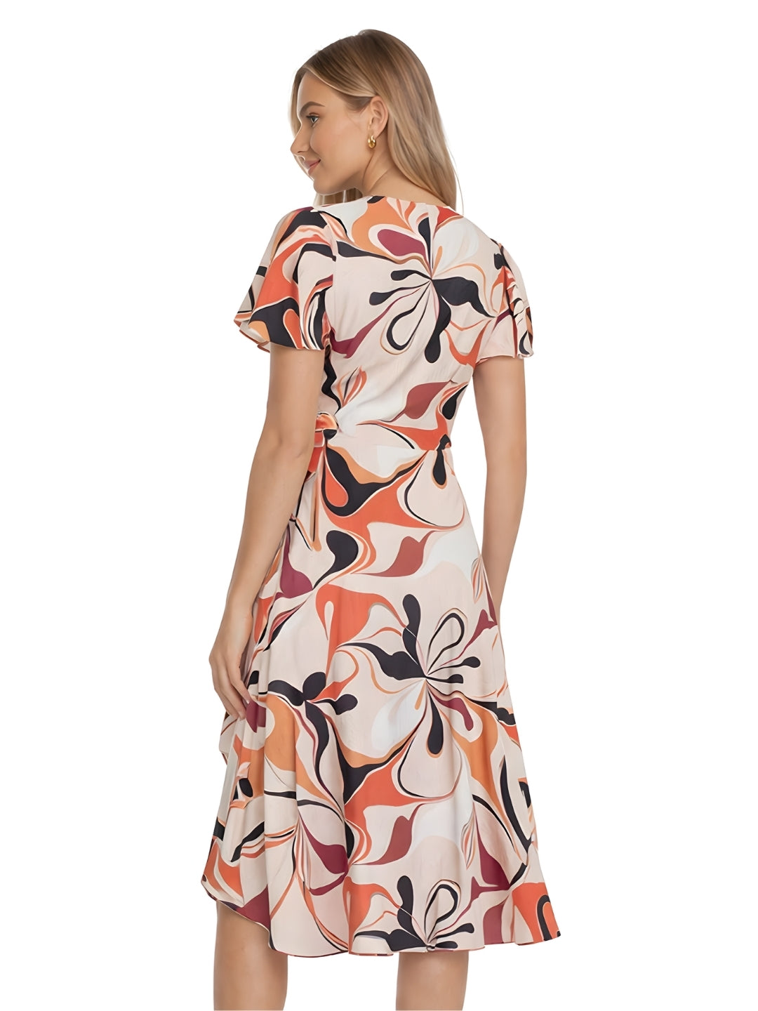 Beige Abstract Printed Wrap Midi Dress