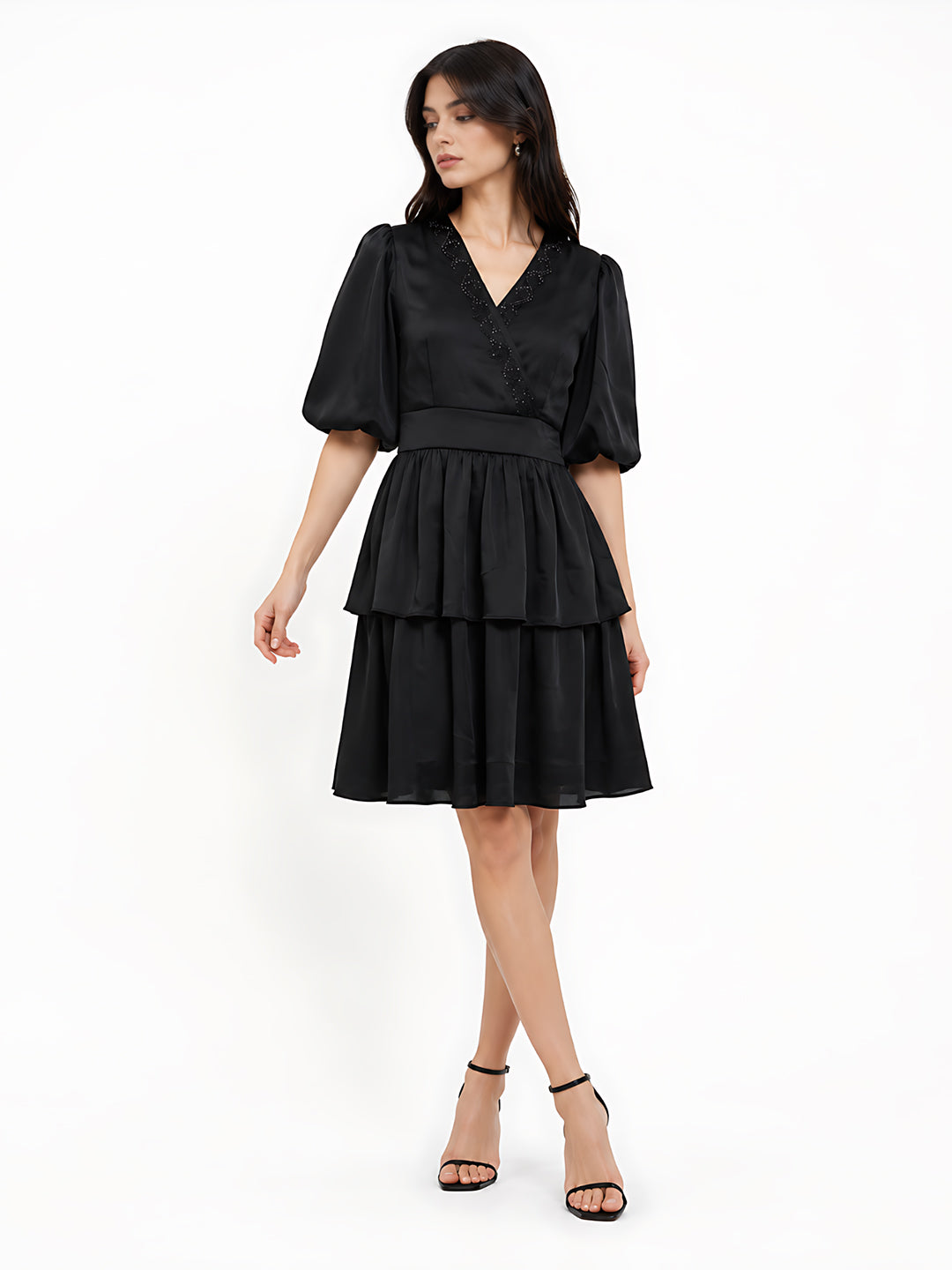 Black Solid Layered Short Dress