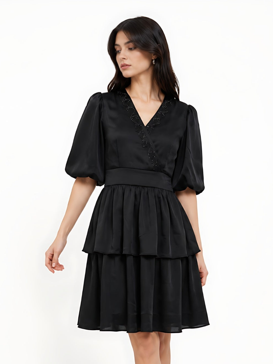 Black Solid Layered Short Dress