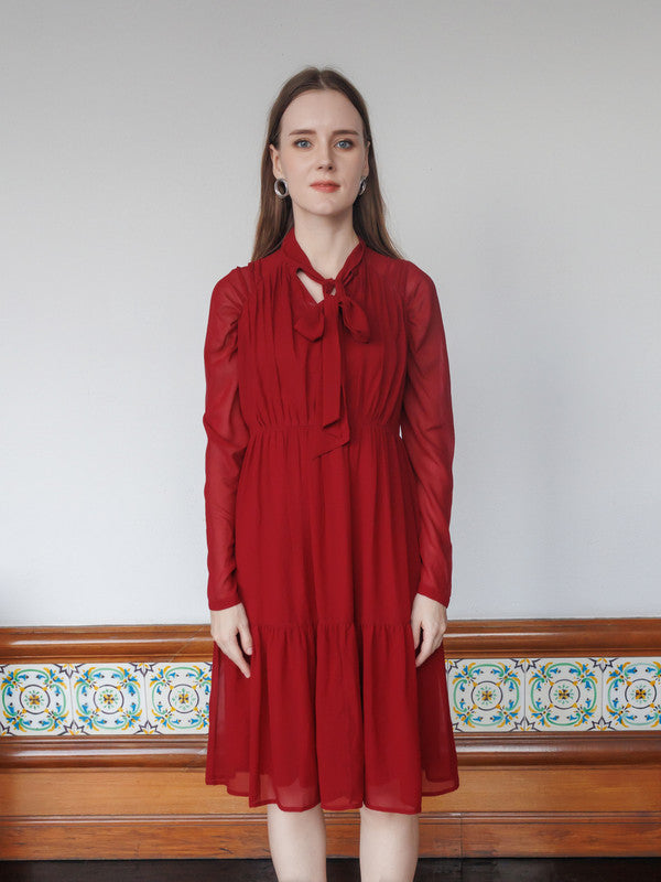 Red Solid Flared Knee-Length Dress-2