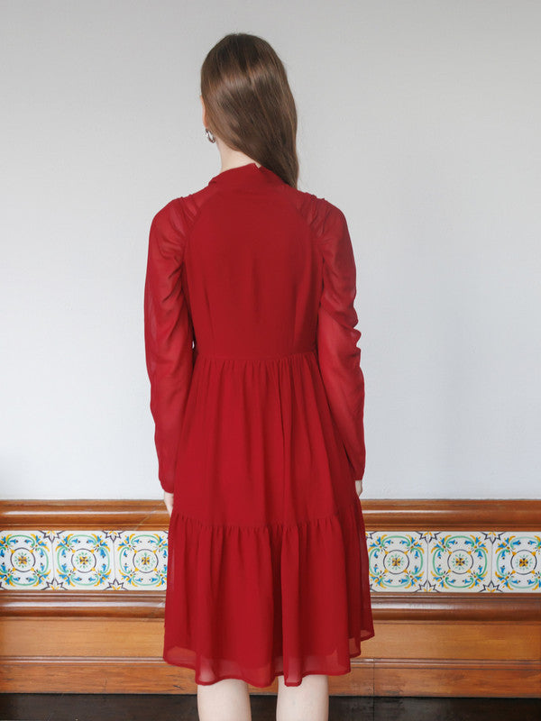 Red Solid Flared Knee-Length Dress-4