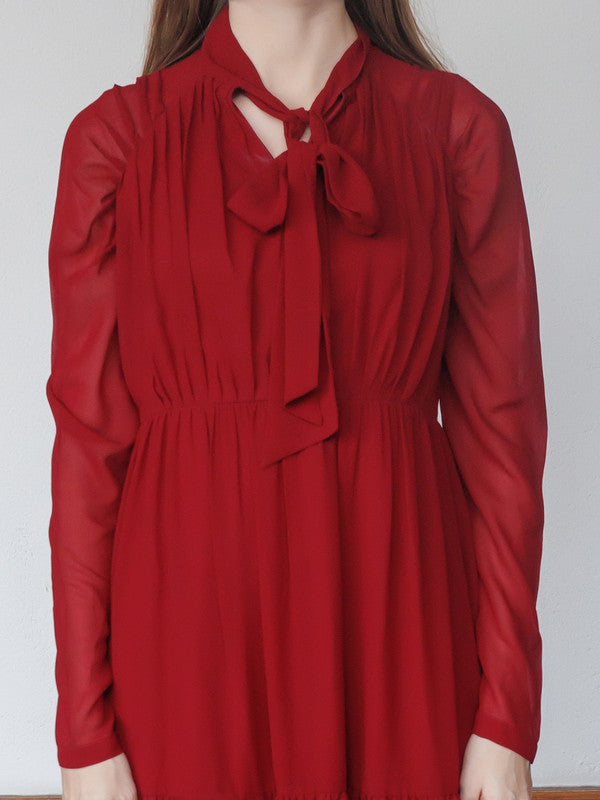 Red Solid Flared Knee-Length Dress-6