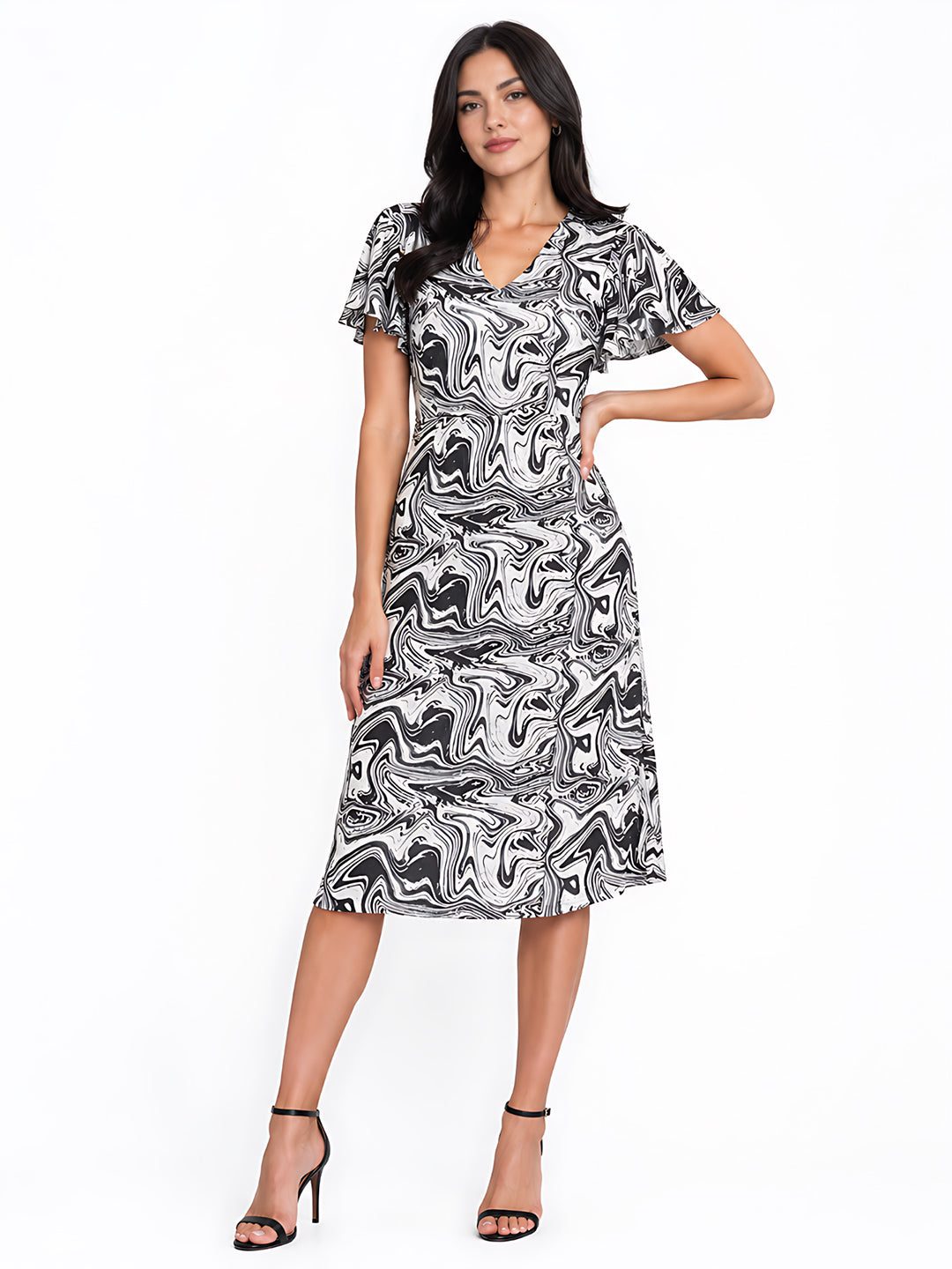 White Abstract Flared Midi Dress