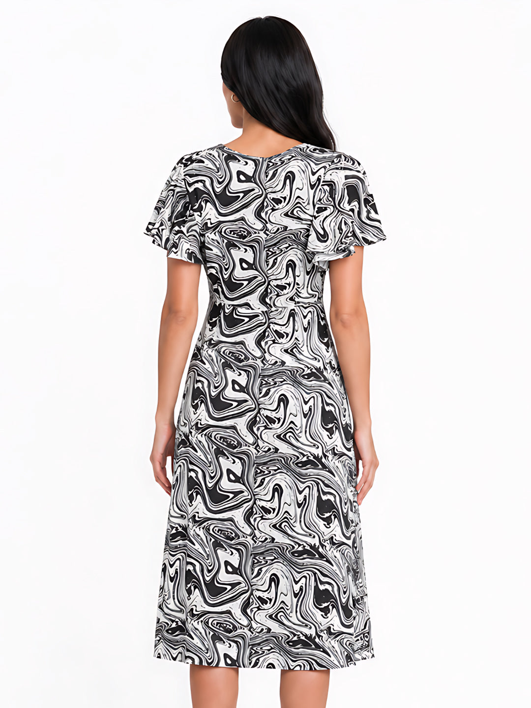 White Abstract Flared Midi Dress