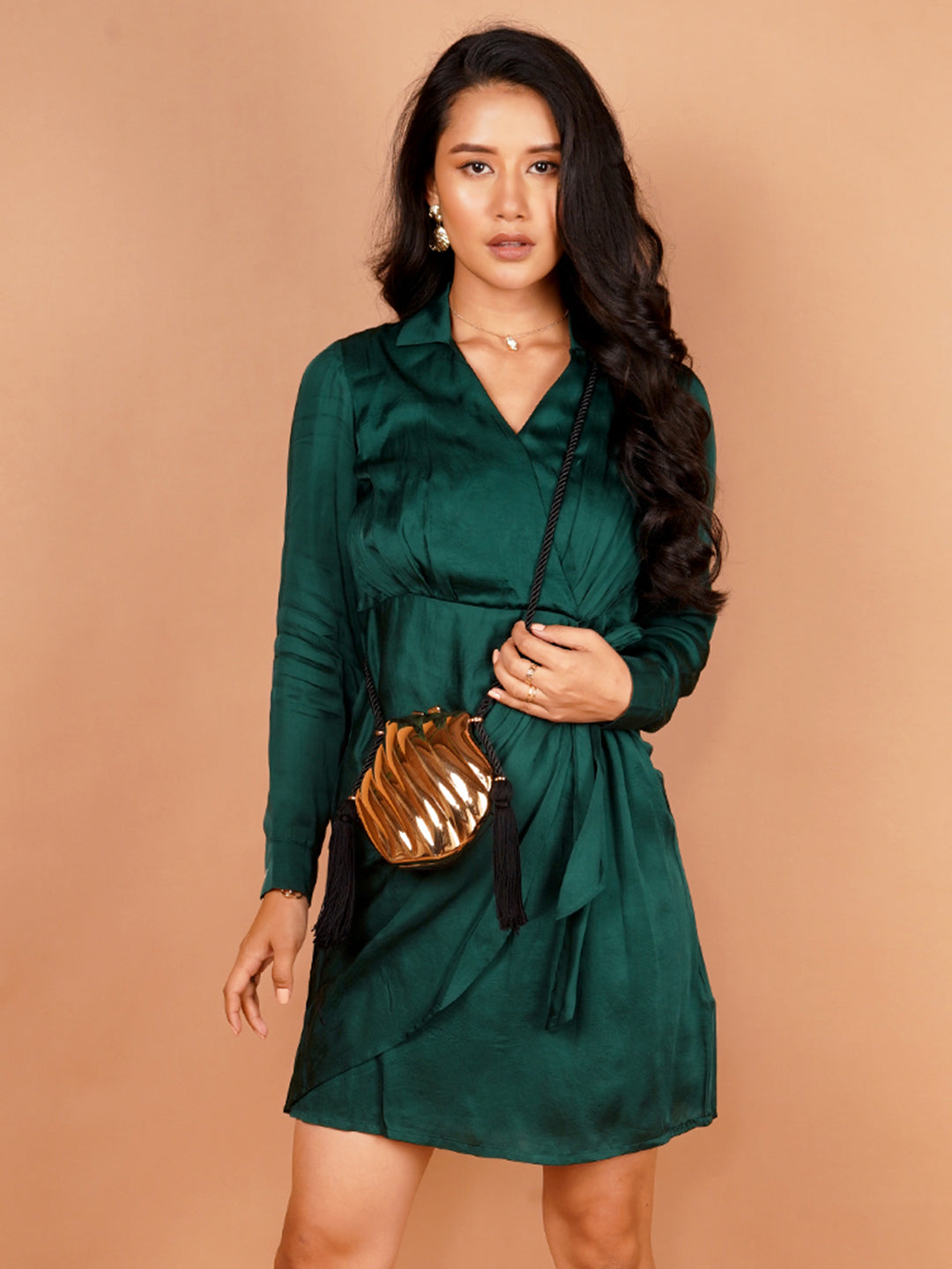 Women's Green Solid Wrap Mini Dress