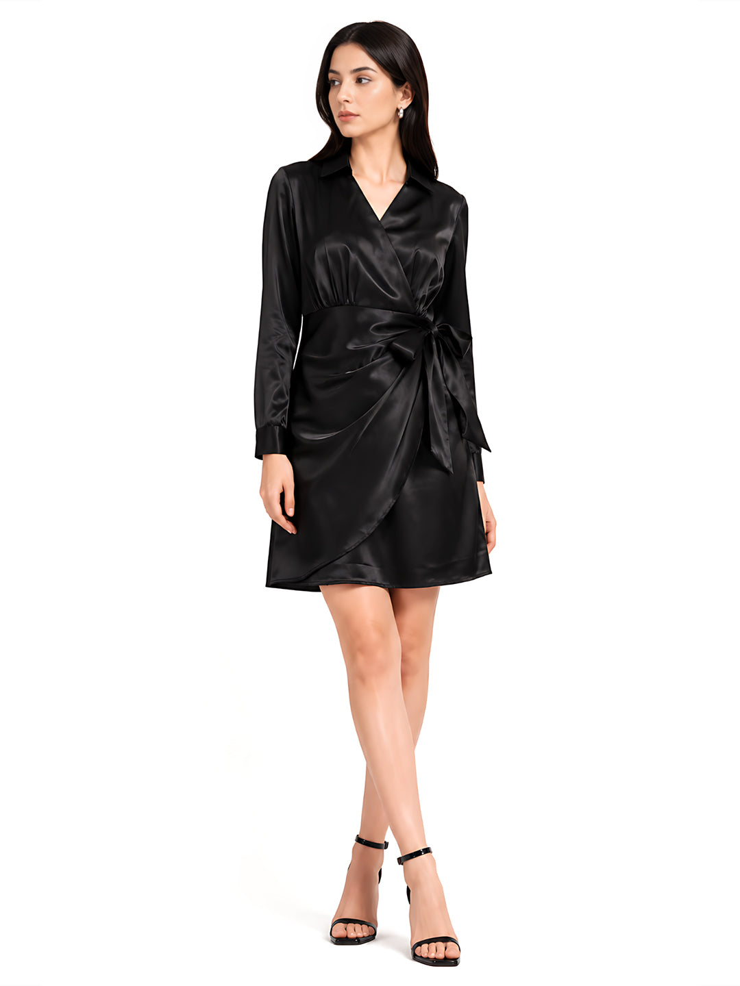 Black Solid Self Design Wrap Mini Dress