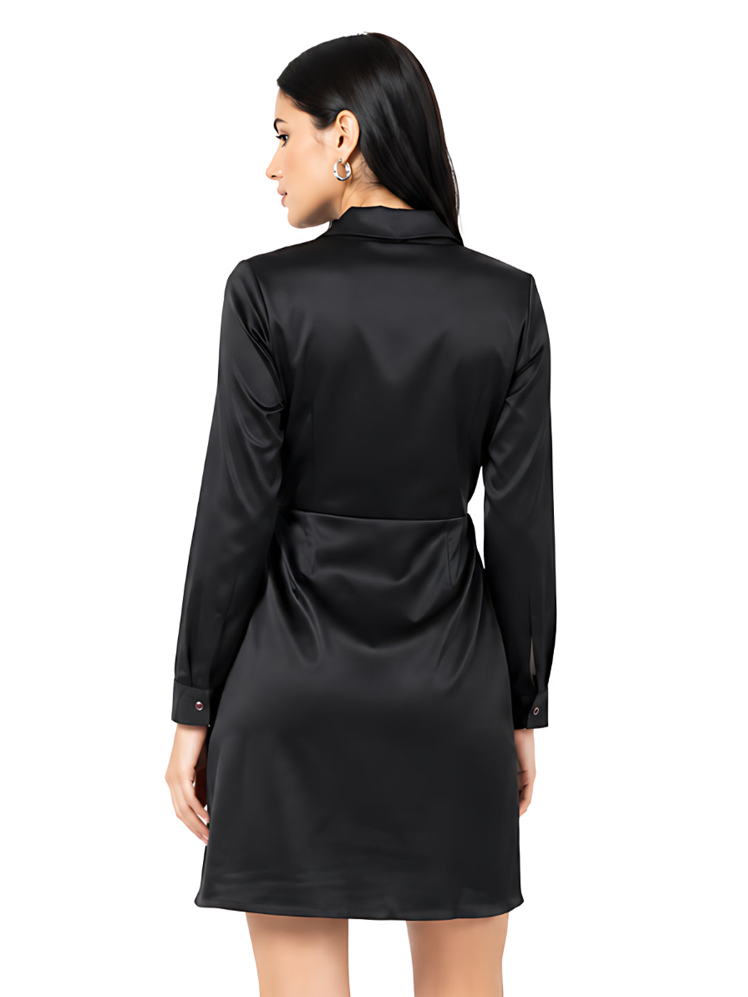 Black Solid Self Design Wrap Mini Dress