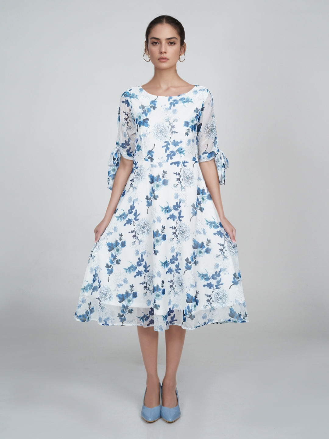 White Floral Print Flared Midi Dress