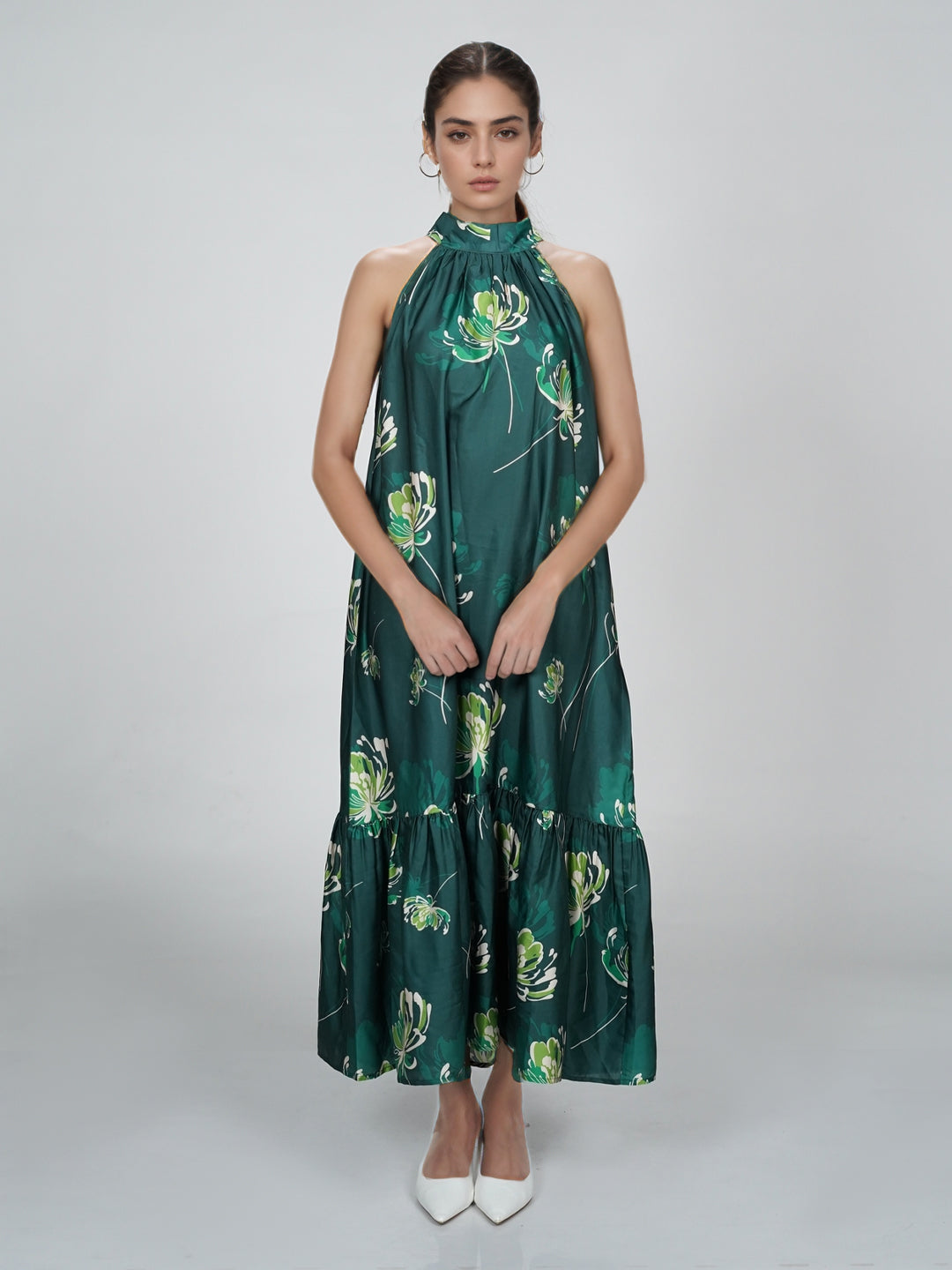 Green Floral Flared Maxi Dress