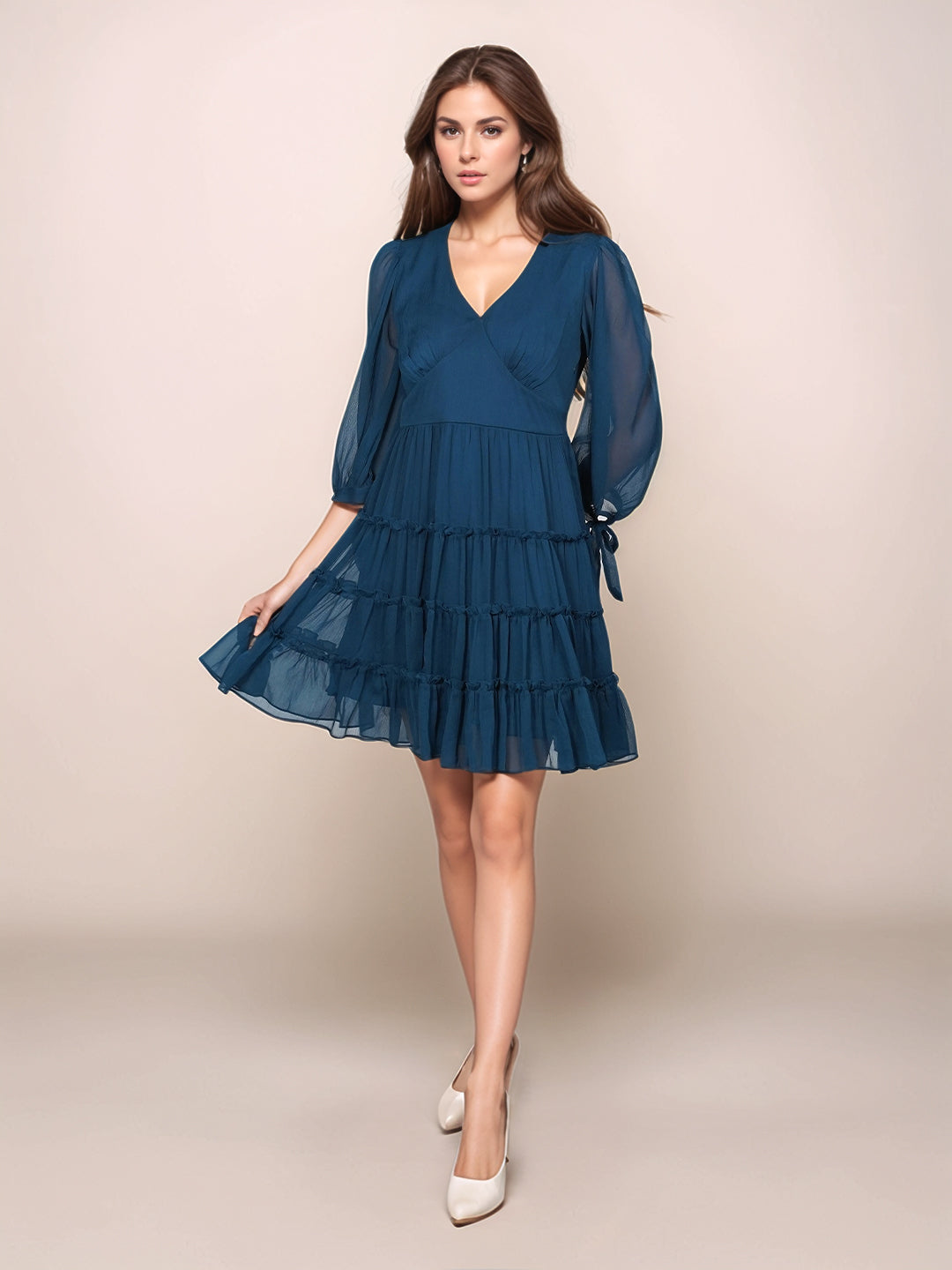 Blue Solid Tiered Mini Dress