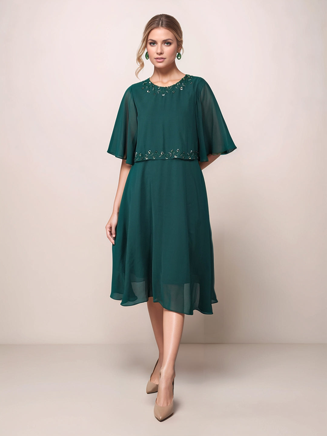 Green Solid Embroidered Flared Midi Dress