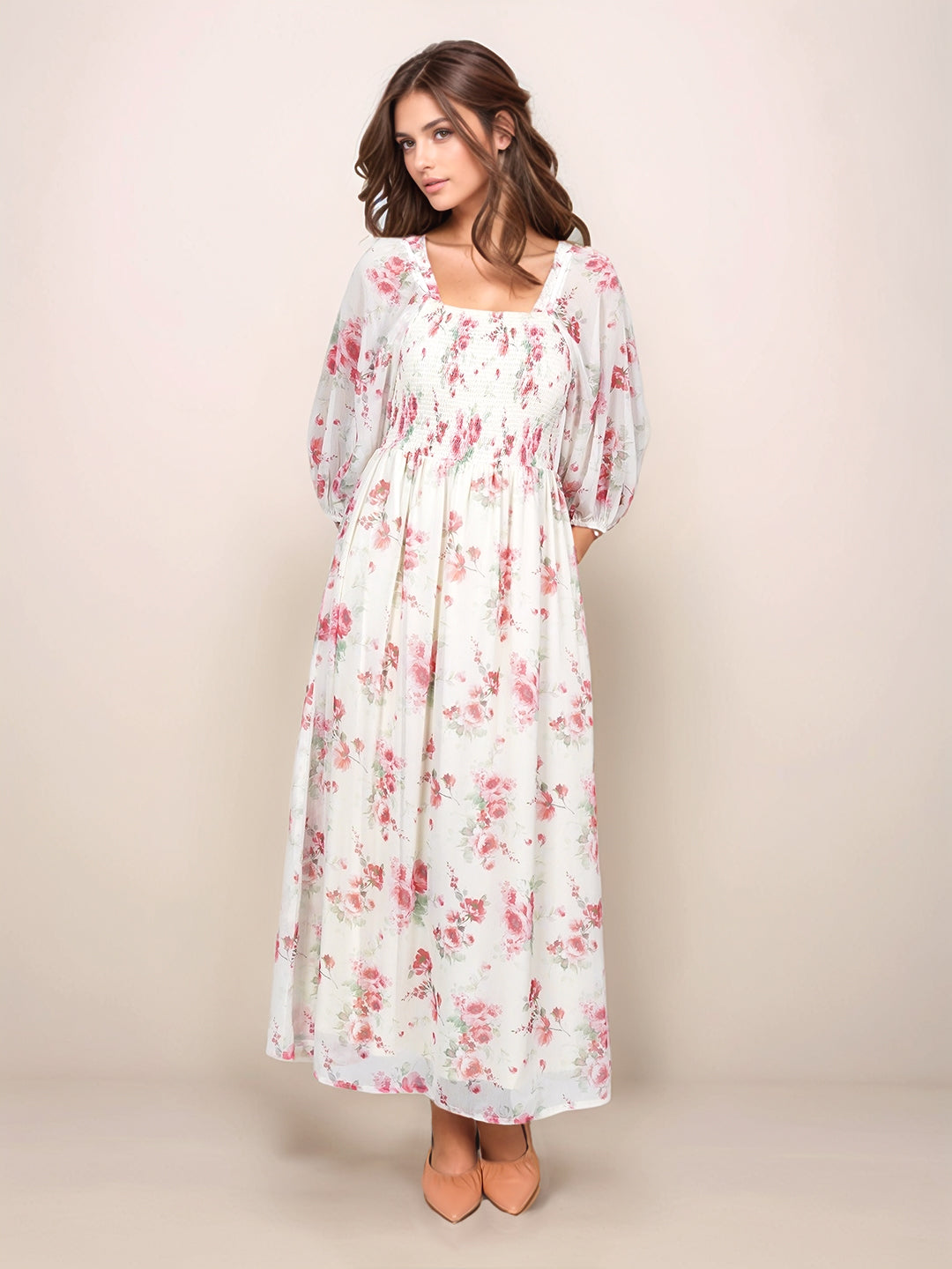 Off White Printed Floral Flared Maxi Dress