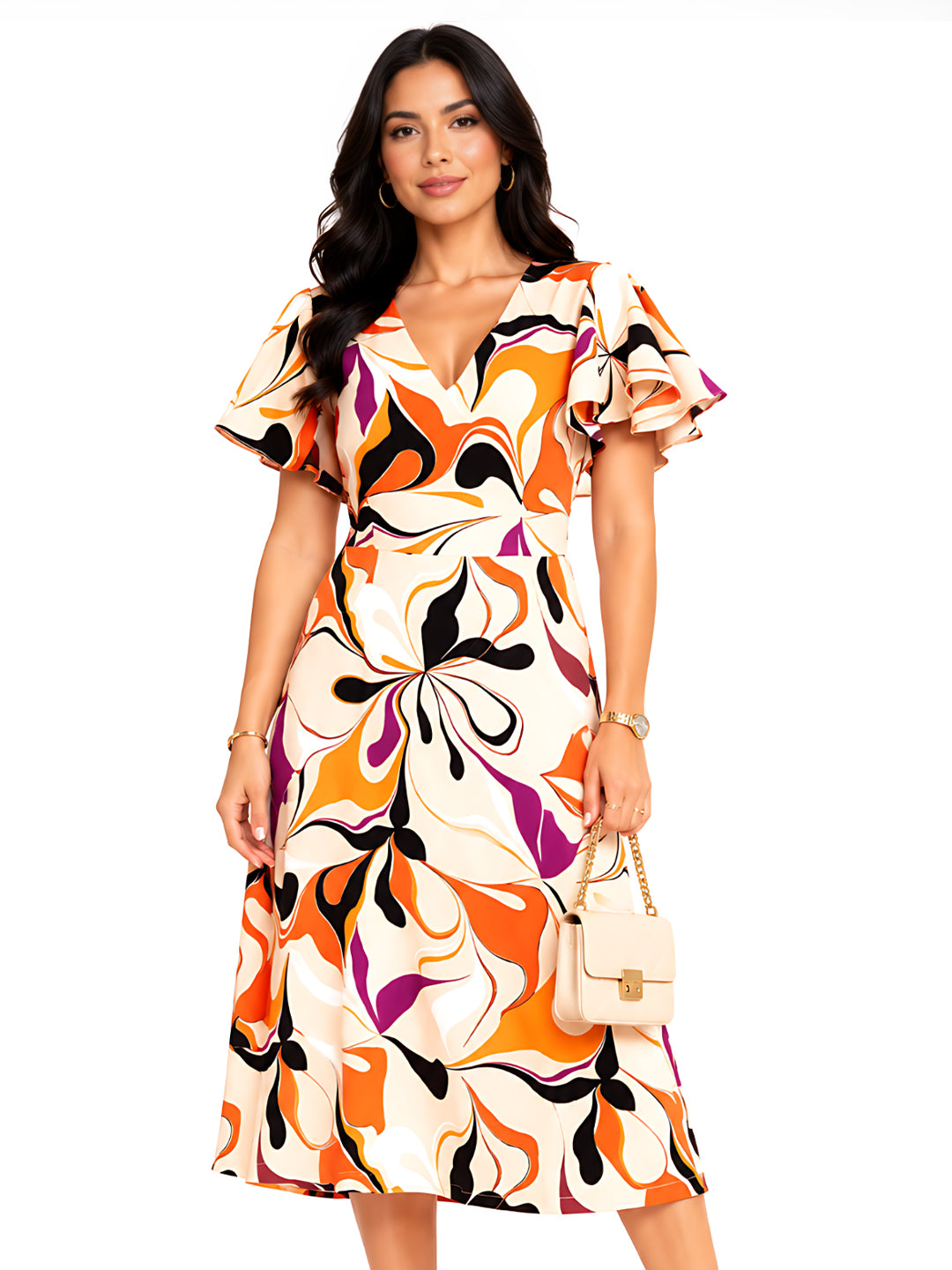 Beige Floral Straight Fit Midi Dress