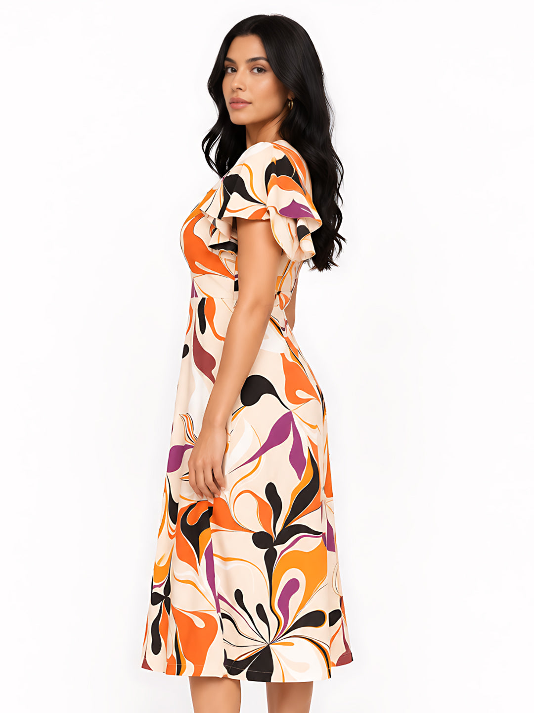 Beige Floral Straight Fit Midi Dress