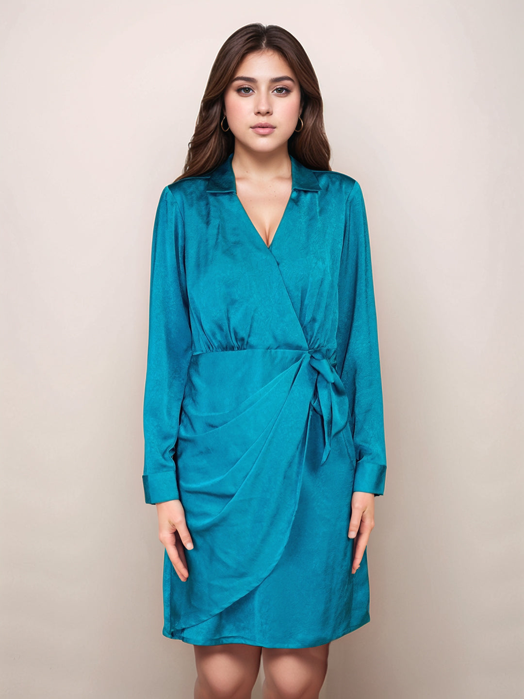 Teal Textured Full Sleeves Short Dress