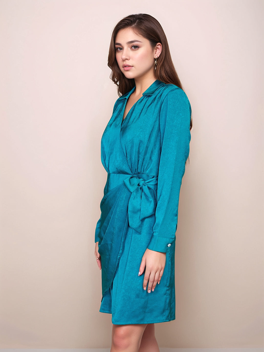 Teal Textured Full Sleeves Short Dress