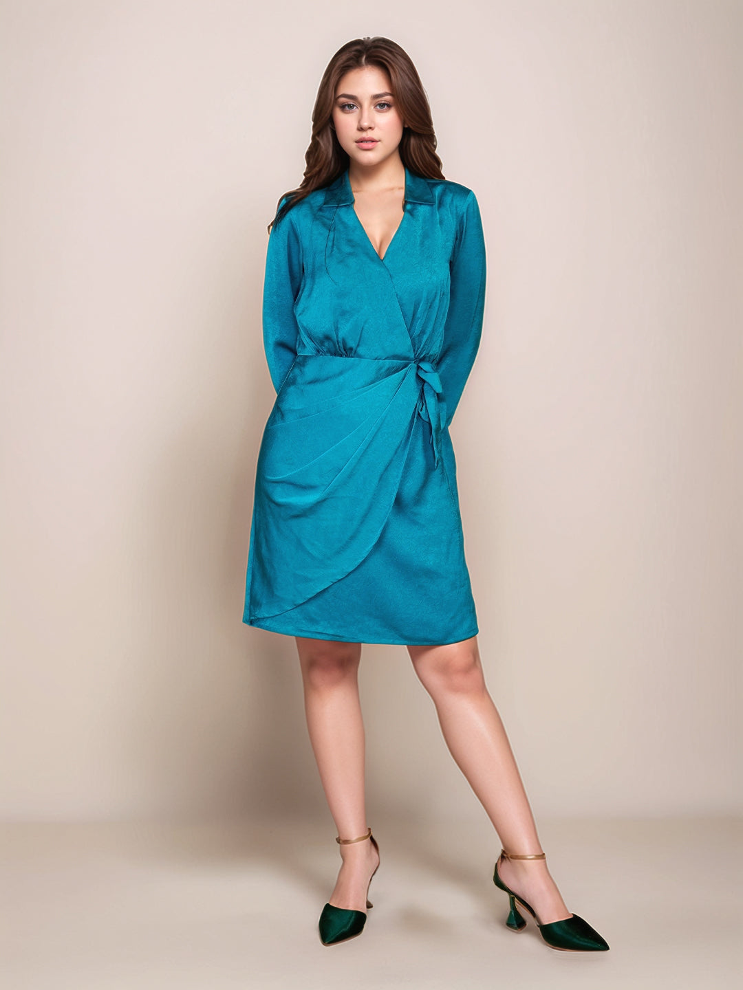 Teal Textured Full Sleeves Short Dress