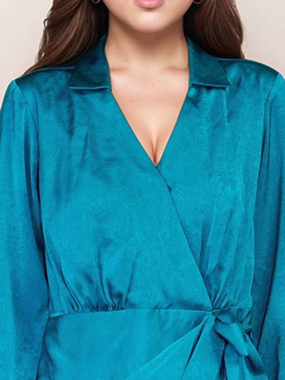 Teal Textured Full Sleeves Short Dress