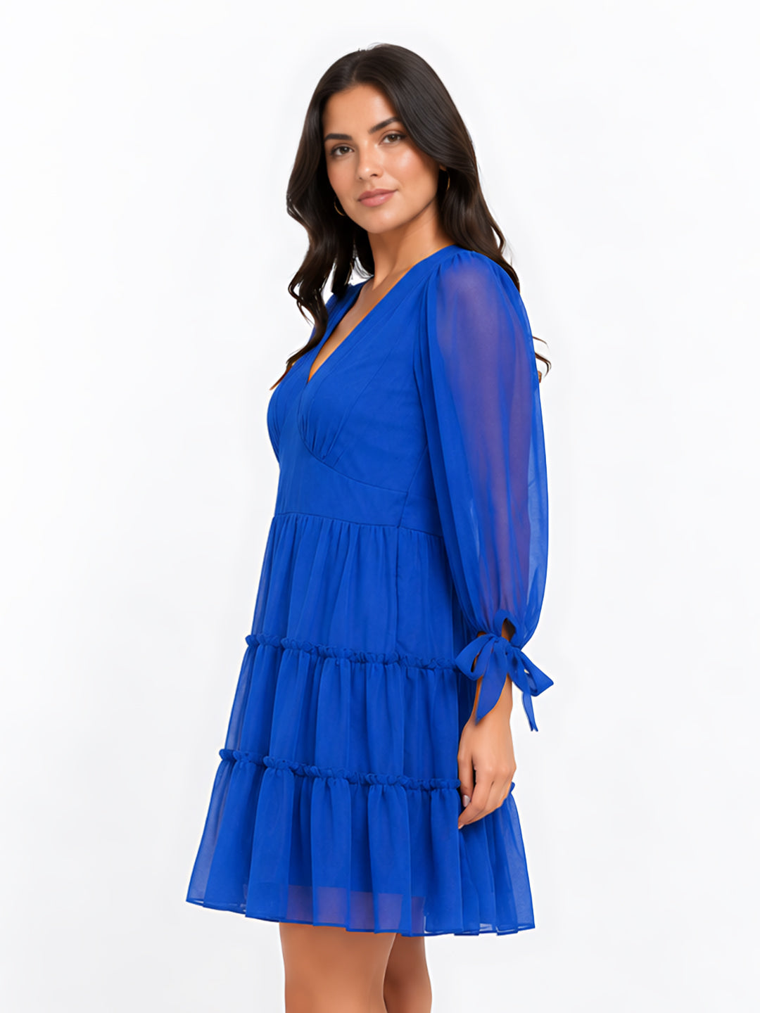 Blue Iolite Solid V-Neck 3/4th Short Dress