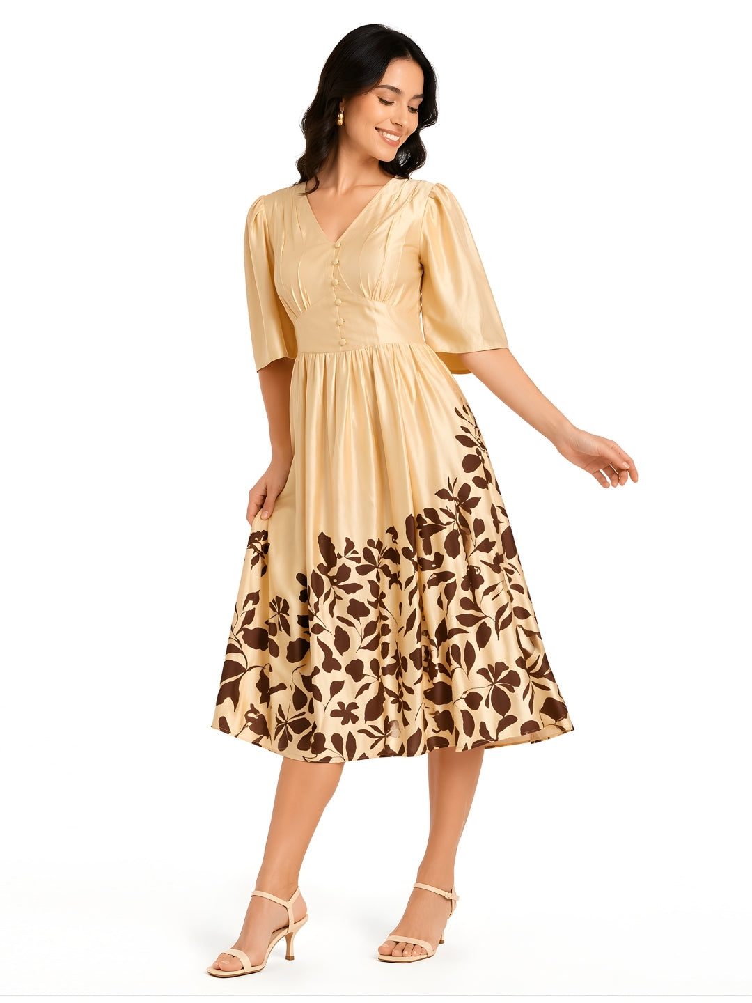 Beige Tropical Print V-Neck SHORT SLEEVES Midi
