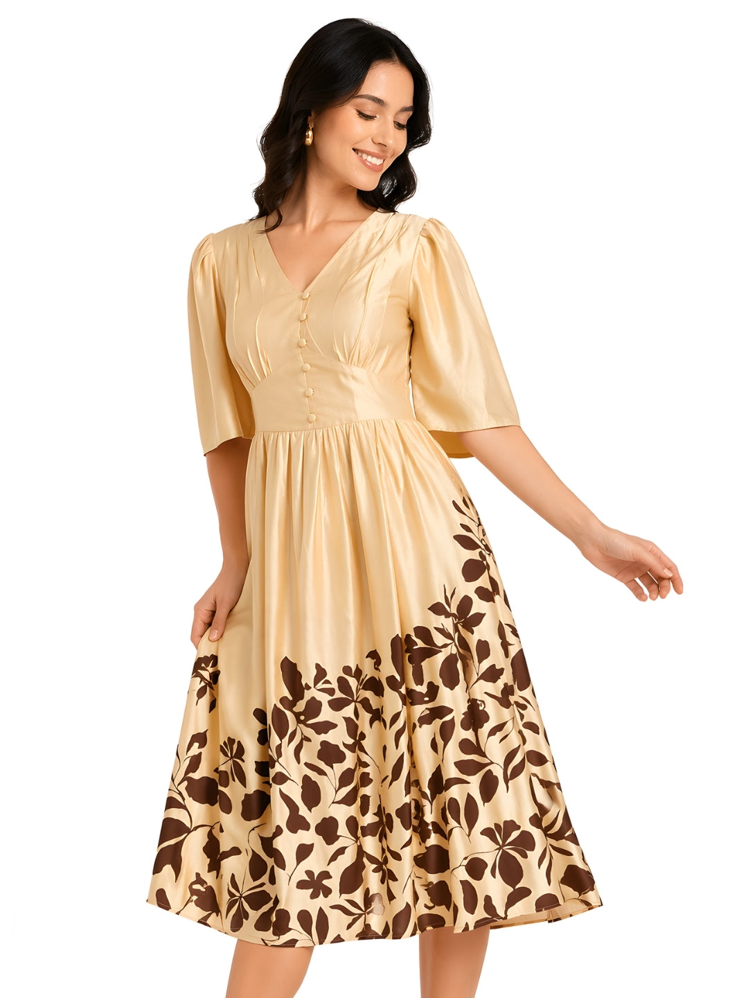 Beige Tropical Print V-Neck SHORT SLEEVES Midi