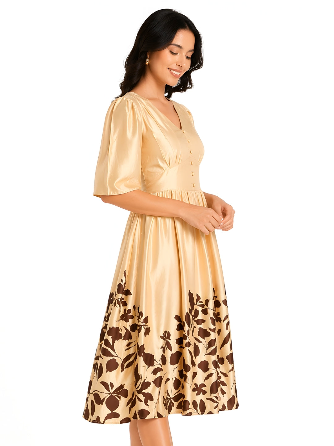 Beige Tropical Print V-Neck SHORT SLEEVES Midi