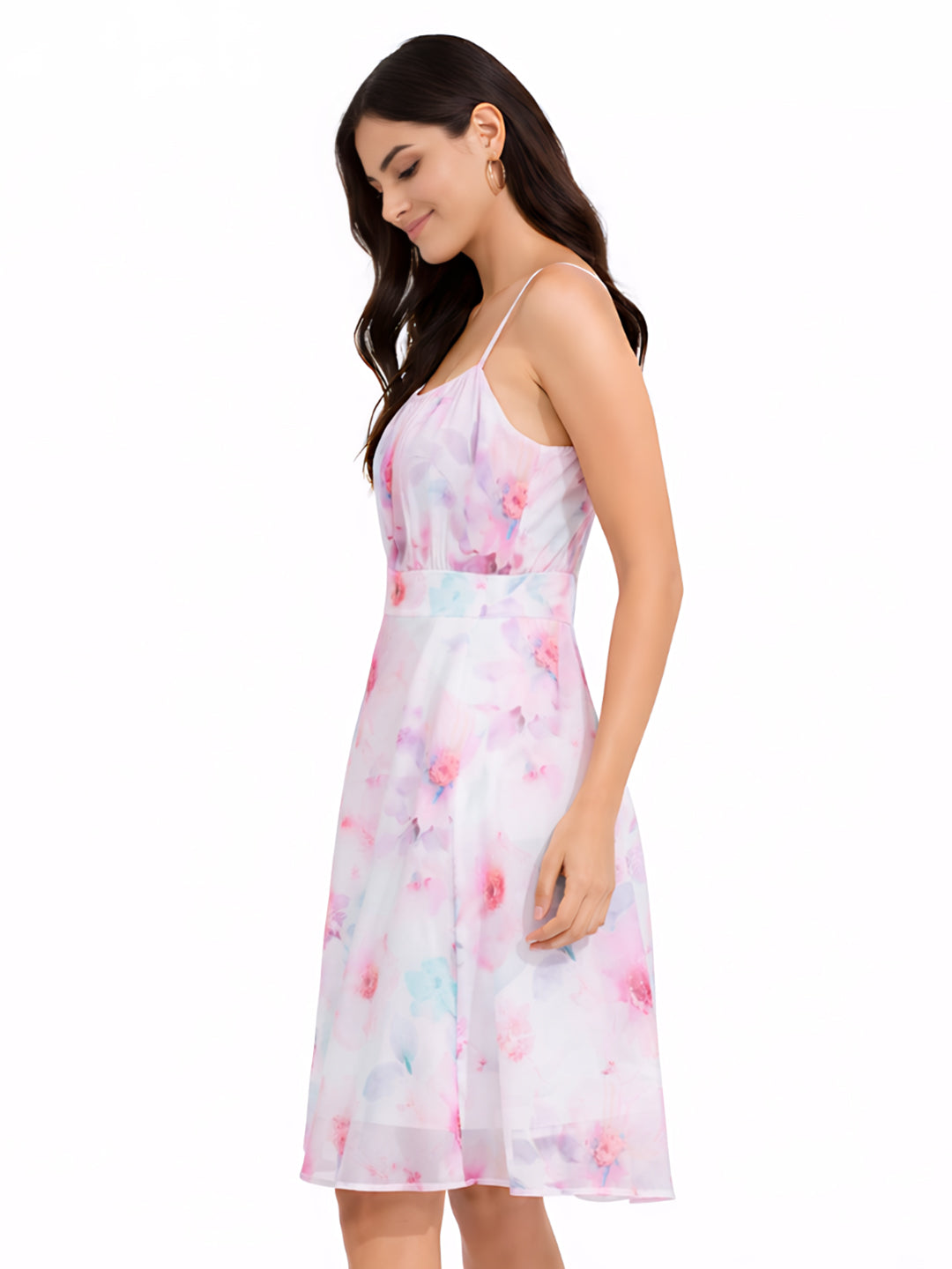 Multi Floral Square Neck Shoulder Straps Short Dress