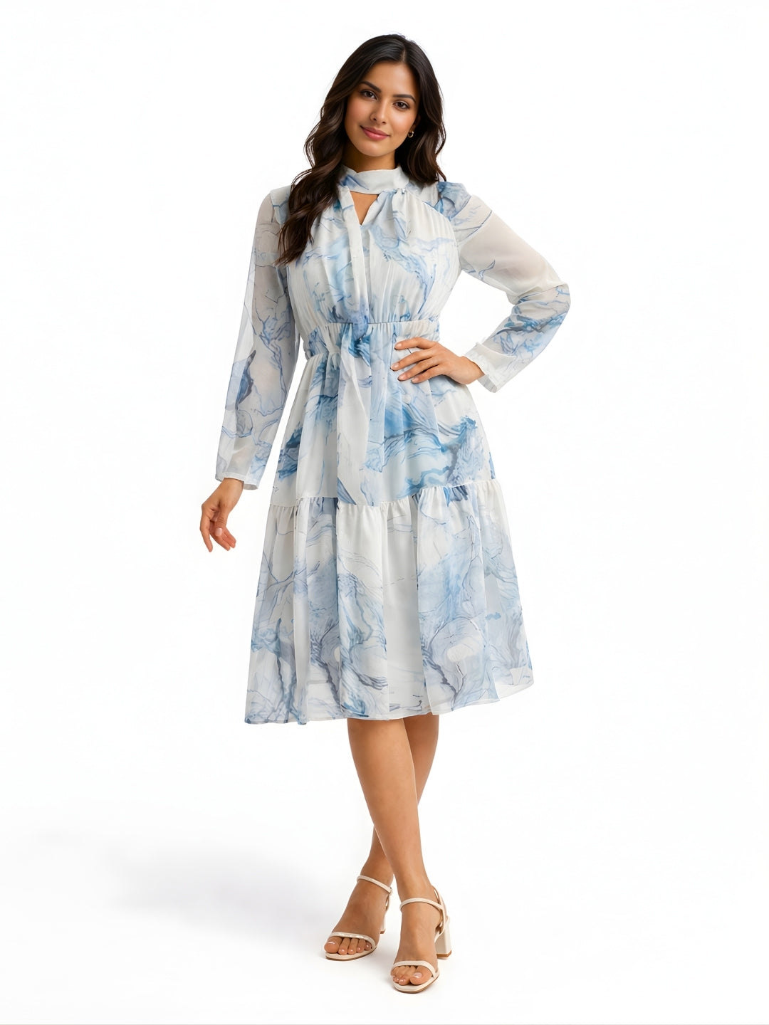 Multi-Colored Abstract Prints Long Sleeves Midi Dress
