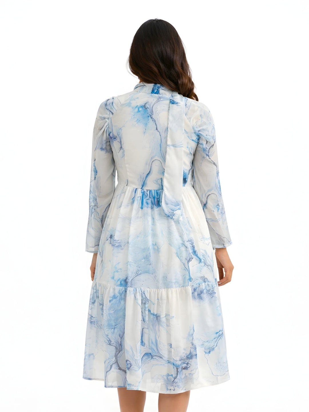 Multi-Colored Abstract Prints Long Sleeves Midi Dress