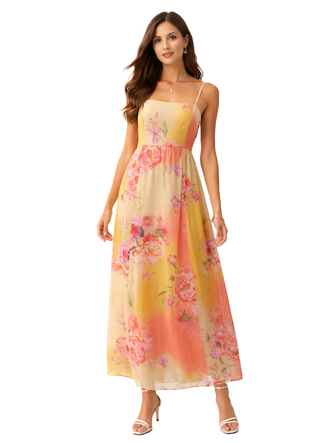 Multi Floral Sleeveless Square Neck Fit And Flare Maxi Dress