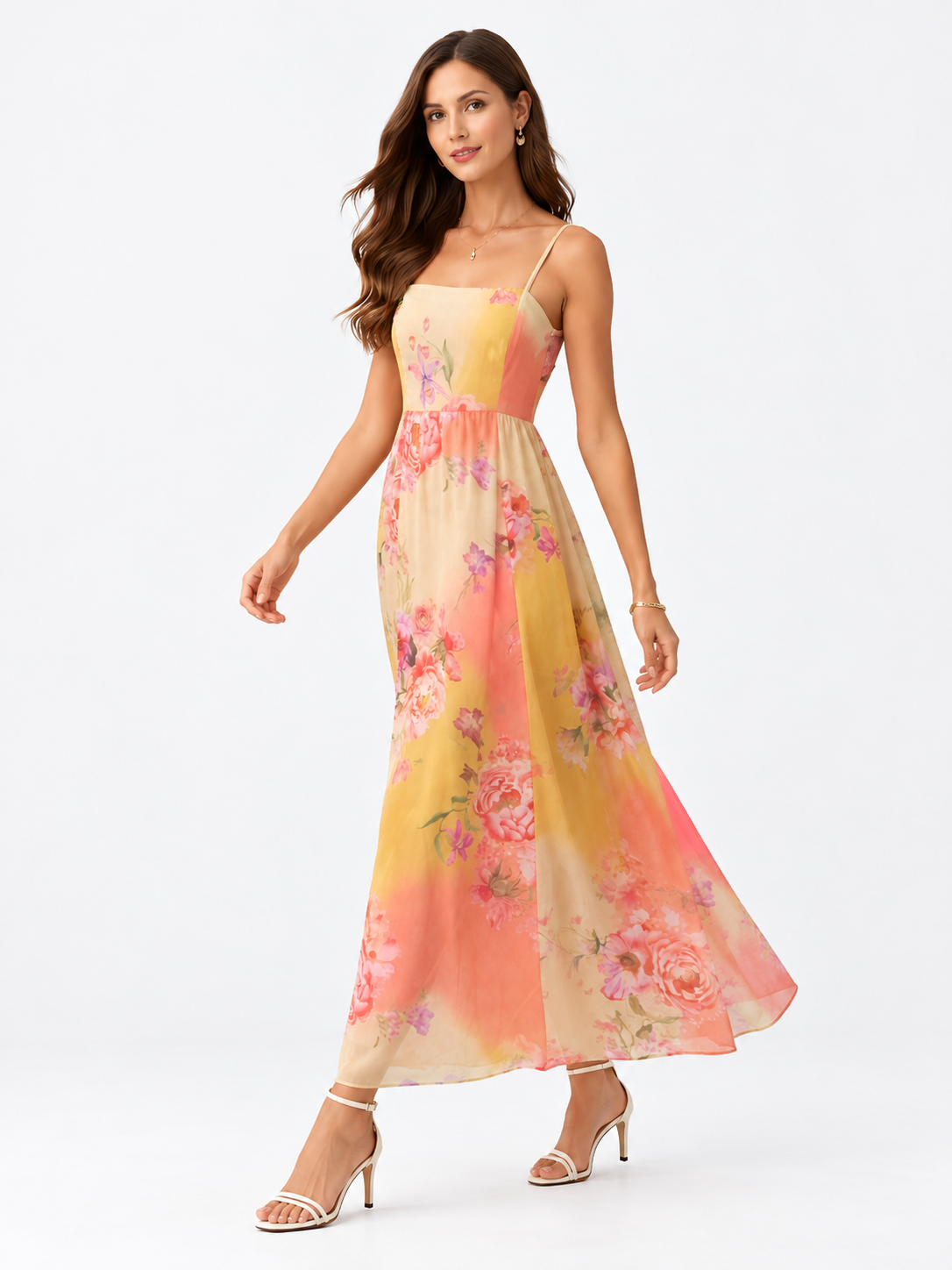 Multi Floral Sleeveless Square Neck Fit And Flare Maxi Dress