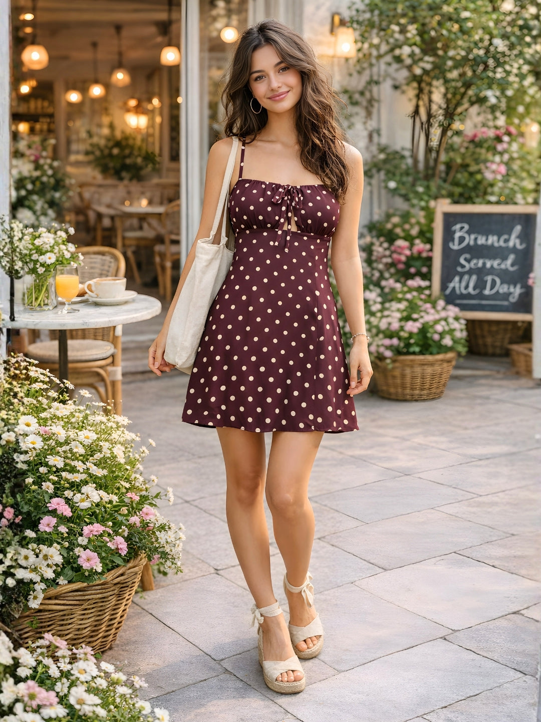 Brown Polka Dot Shoulder Straps Mini Dress