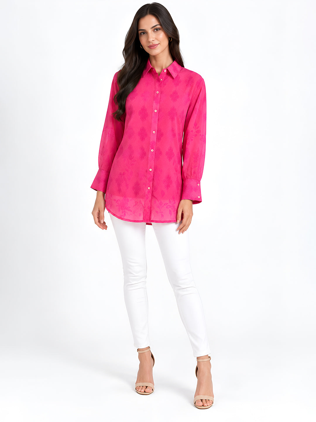 Pink Floral Long Collar Neck Loose Shirts