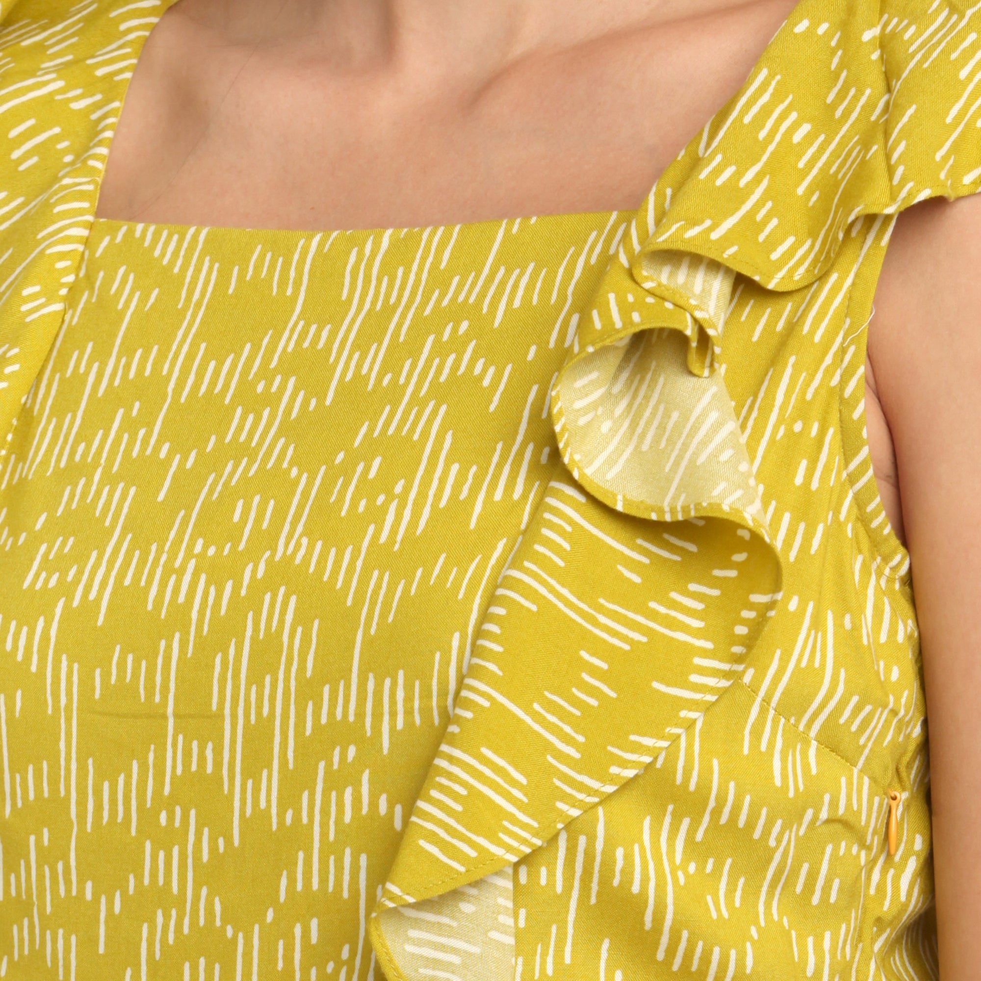 Yellow Printed Flared Sleeve Short Dress