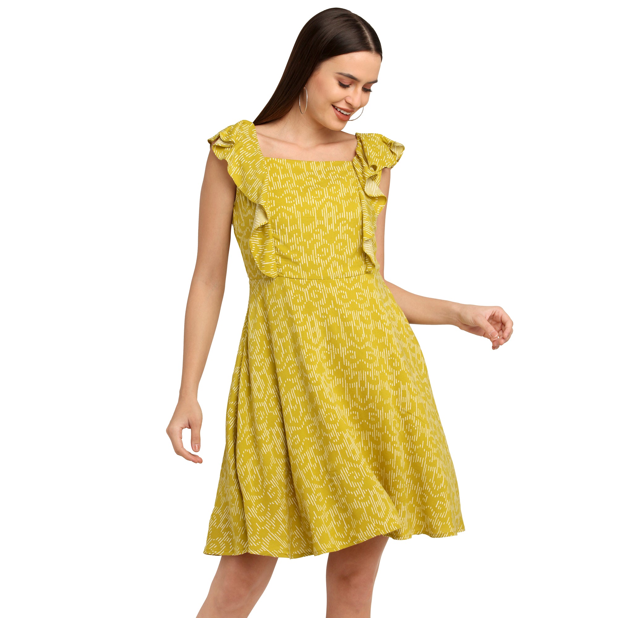 Yellow Printed Flared Sleeve Short Dress