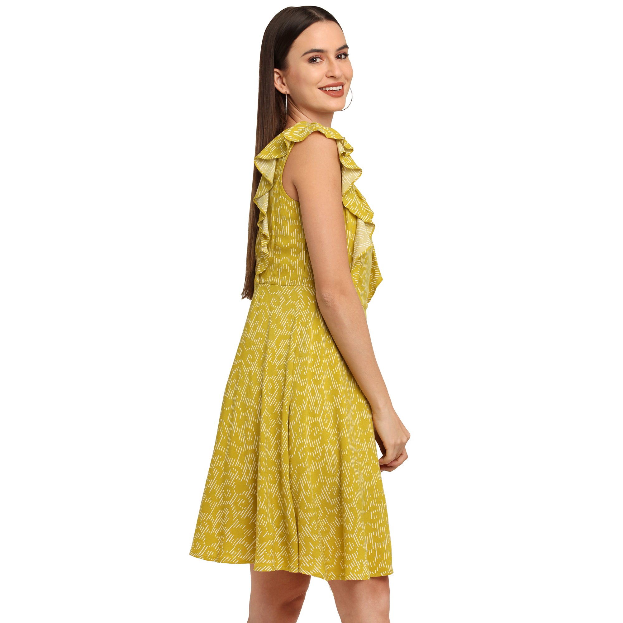 Yellow Printed Flared Sleeve Short Dress