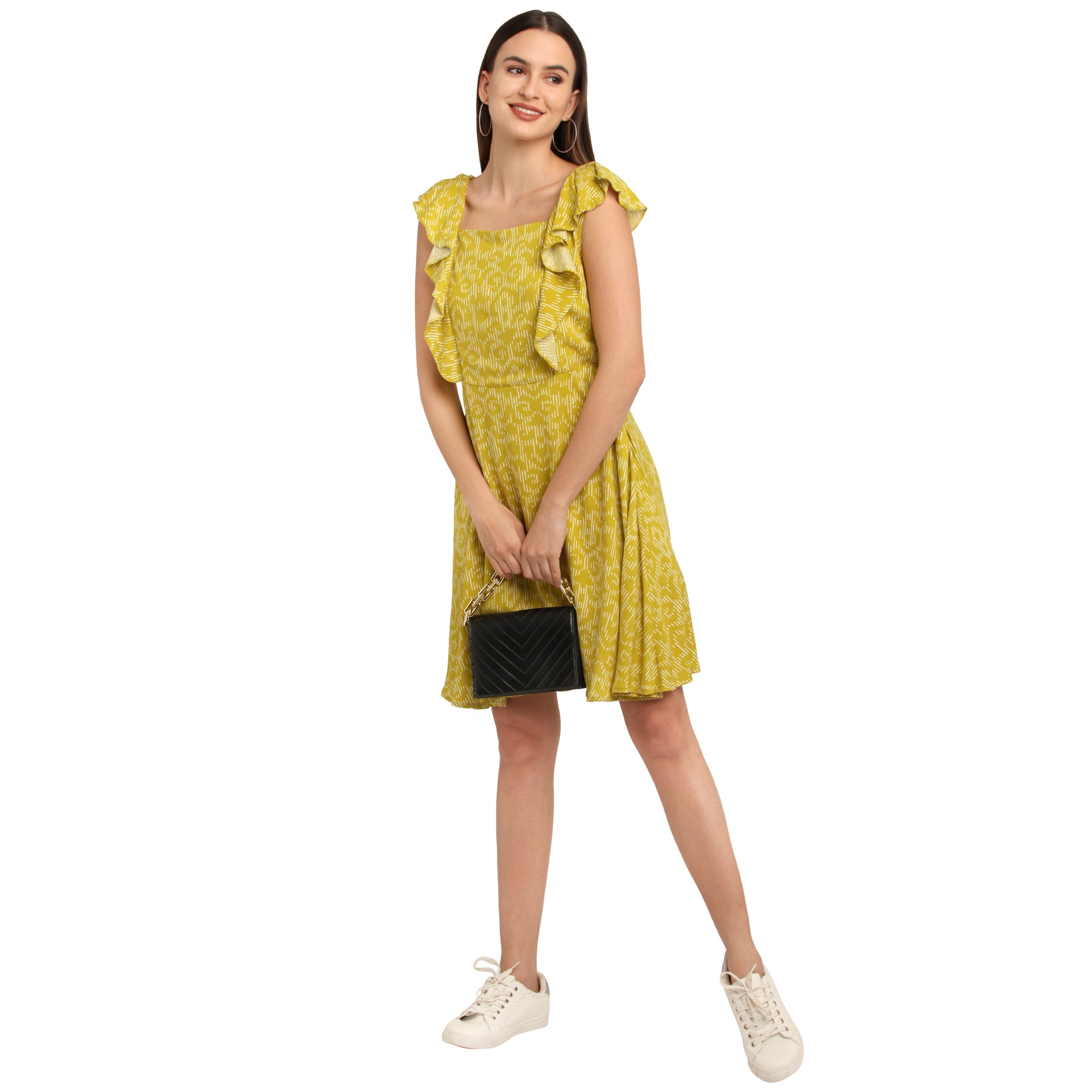 Yellow Printed Flared Sleeve Short Dress