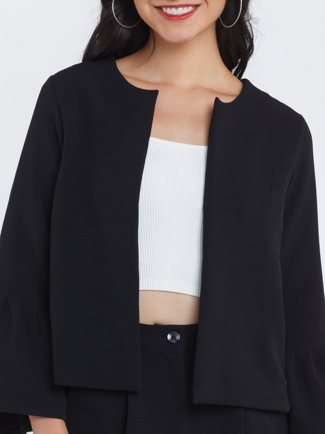 Black Solid Flared Sleeve Jacket