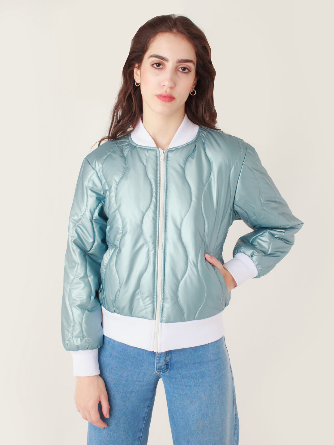 Green Solid Quilted Jacket