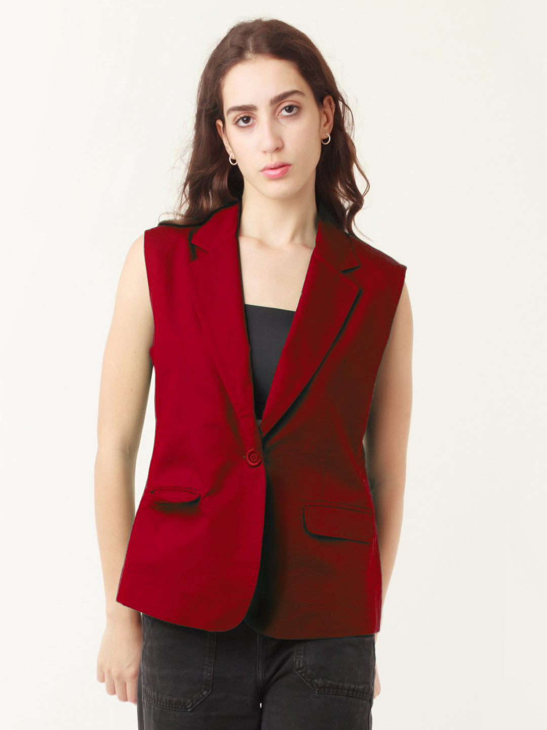 Red Solid Sleeveless Jacket