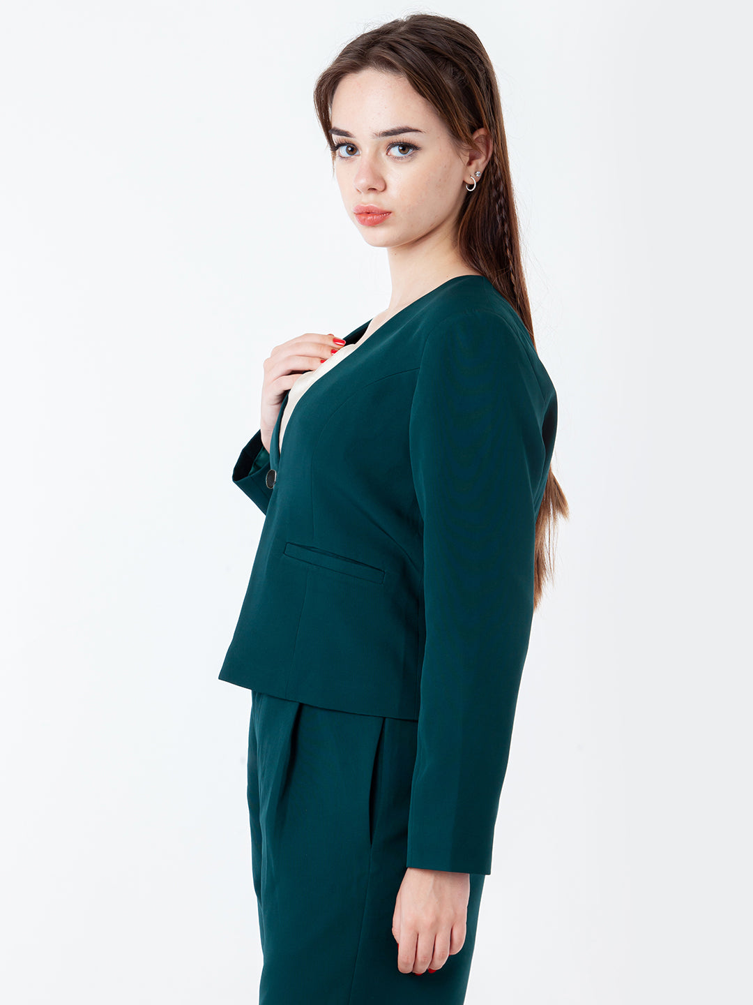 Green Solid Fitted Blazer